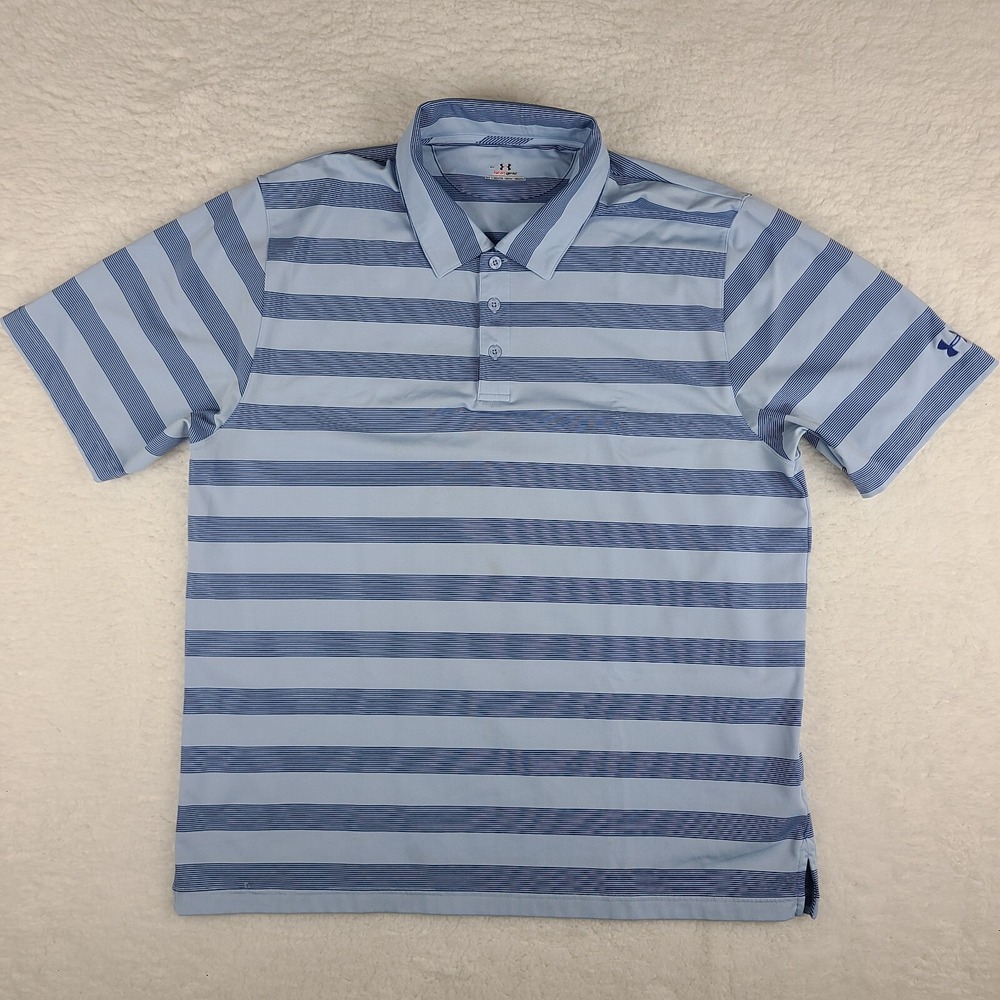 Under Armour Polo Shirt Mens XL Blue Striped Heatgear Performance Short Sleeve *